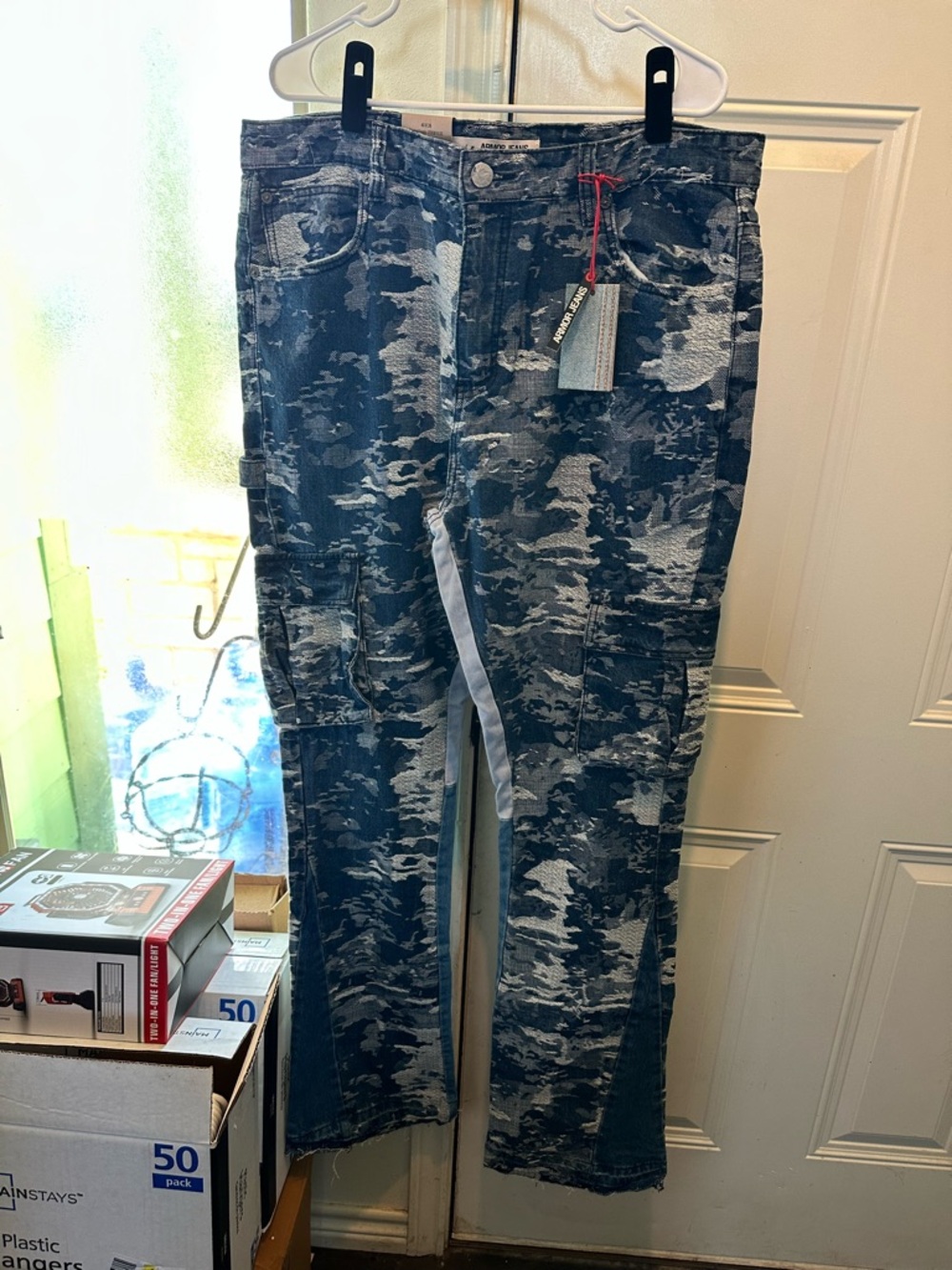 Armor Jeans AJS695 Blue Cargo Jacquard Stacked Denim Jeans Size 40x36